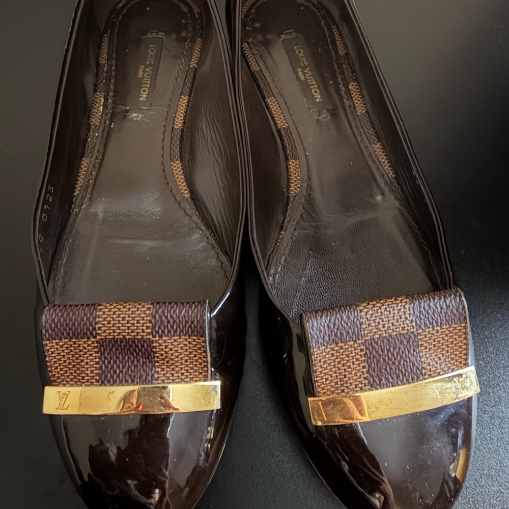 Louis Vuitton Dark Brown Patent Flats with Gold Accents